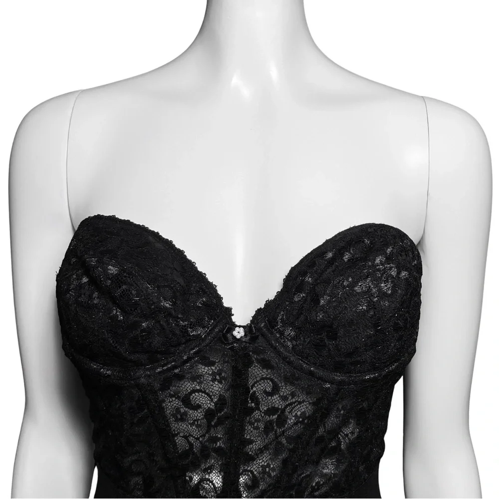 Vintage 80s Black Lace Lingerie Corset Bustier XS 34B Whimsigoth Gothic Coquette - Picture 6 of 8